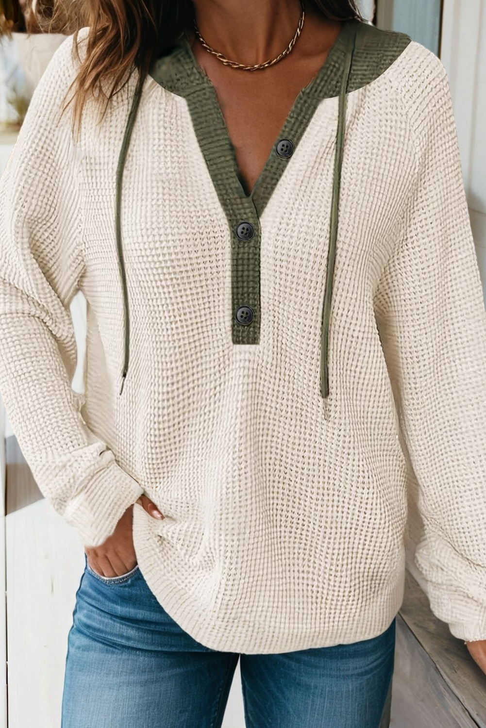 Waffle Contrast Hooded Pullover - Threads Boutique