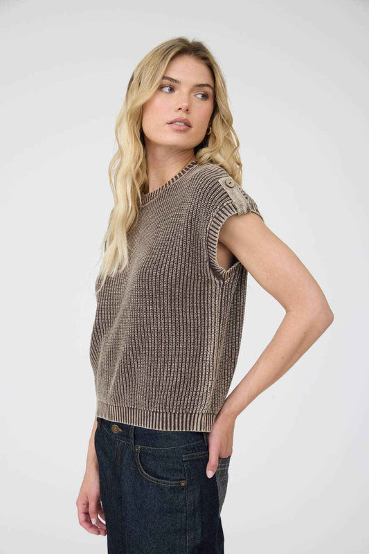 J.O.A - ACID WASHED TAB SLEEVE BACK BUTTON KNIT TOP