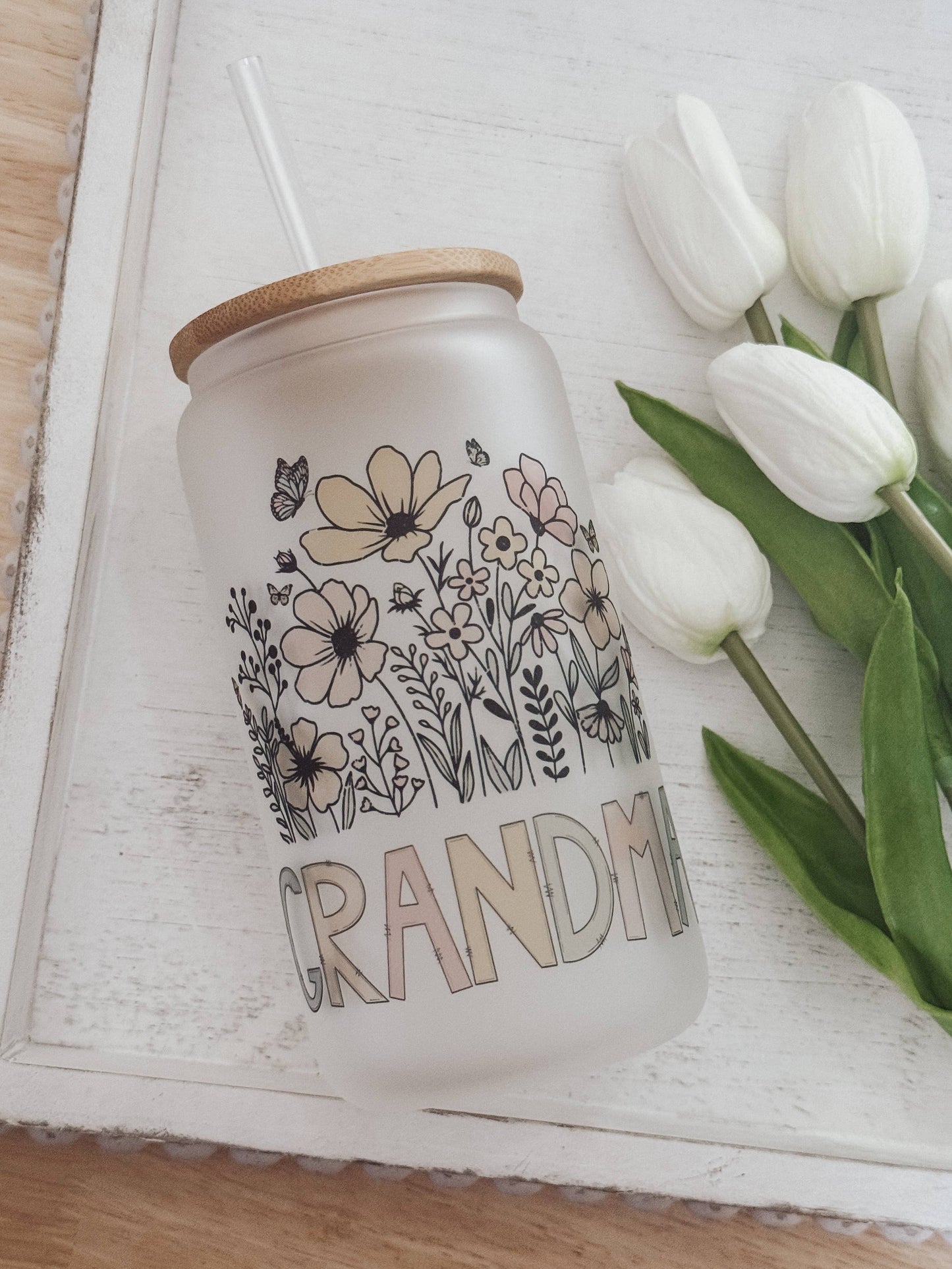 Grandma Floral 16oz Glass Cup with Bamboo Lid