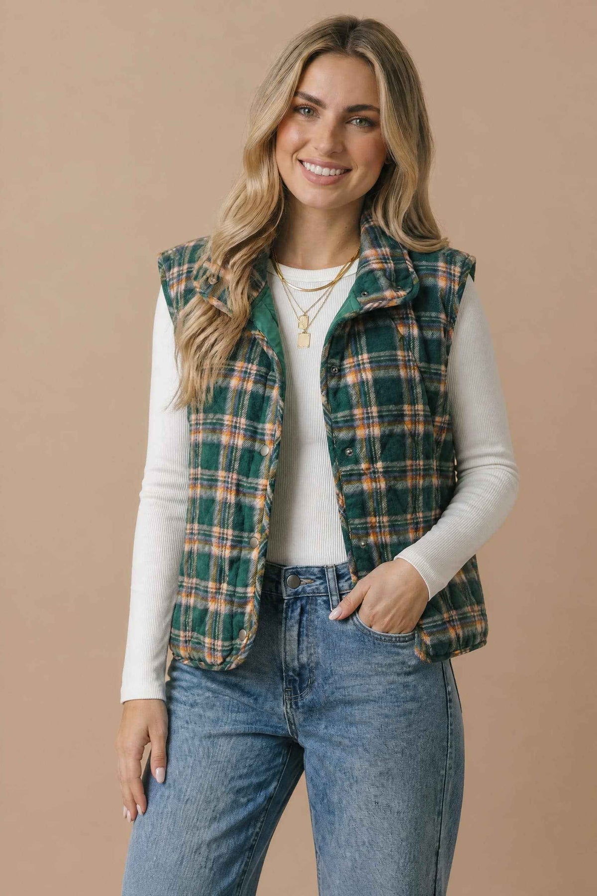 Haptics - Snap Button Down Plaid Quilted Puffer Vest