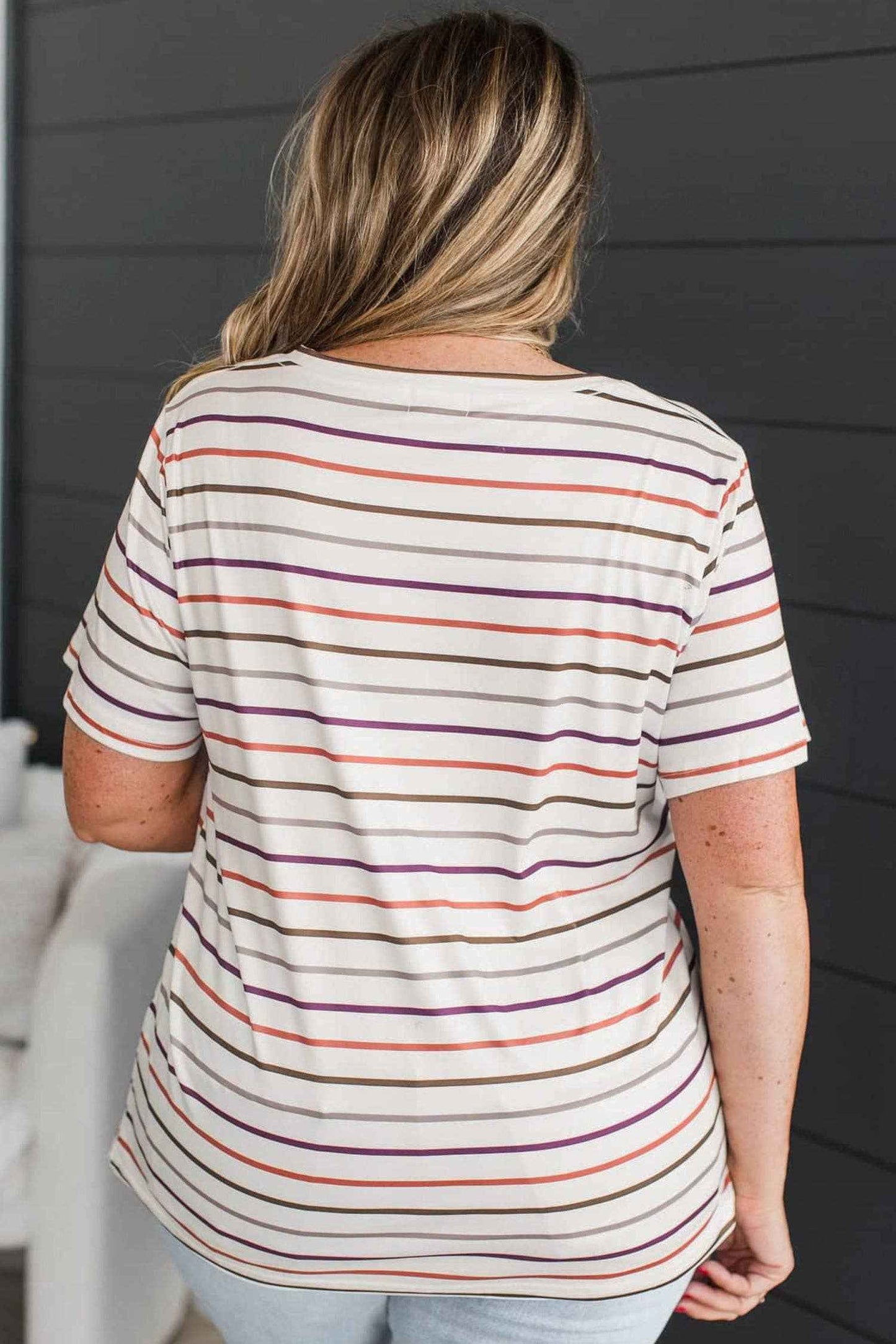 White Stripe V Neck Casual Tee