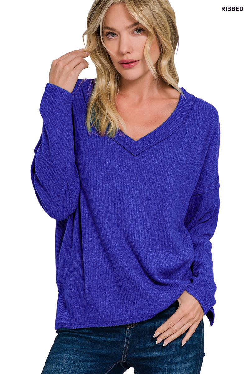 Ribbed V Neck Drop Shoulder Sweater - Threads Boutique