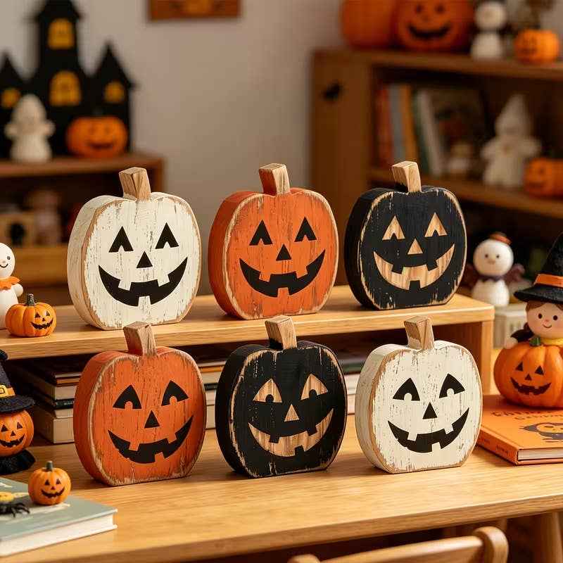 Rustic Wooden Pumpkin Halloween Decor Set of 6 Pumpkins