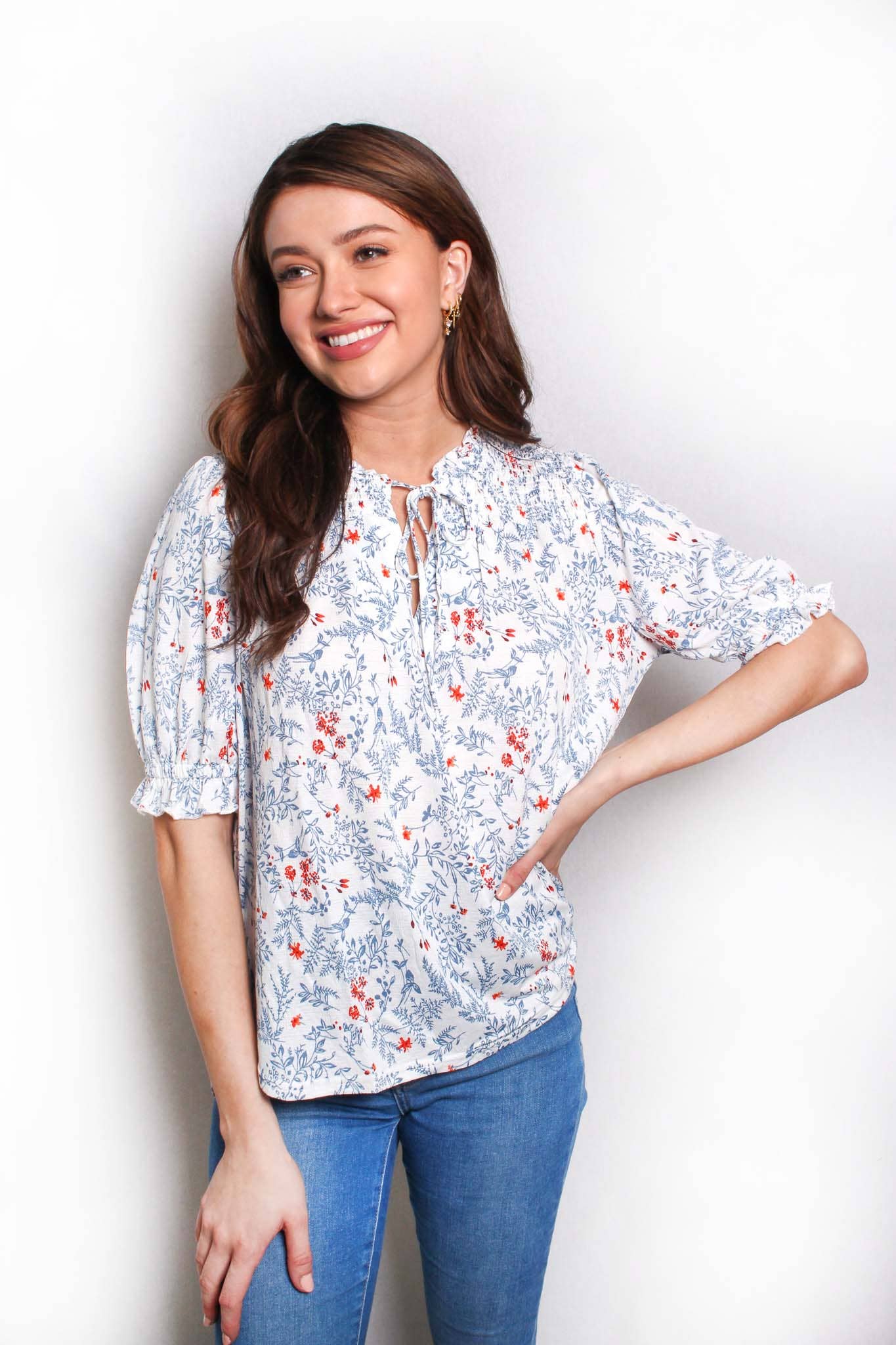 Ruffled Floral Smocked Blouse