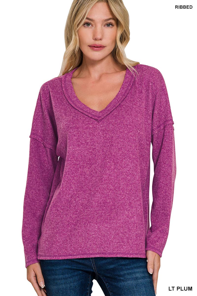 Ribbed V Neck Drop Shoulder Sweater - Threads Boutique