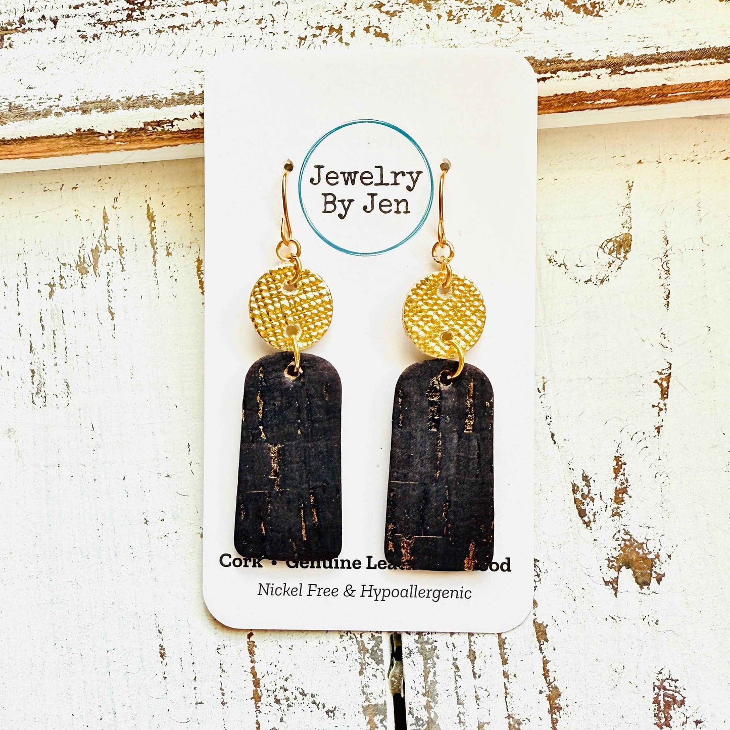 Jewelry By Jen - Small Bar Earrings: Black Cork w/Gold Accents