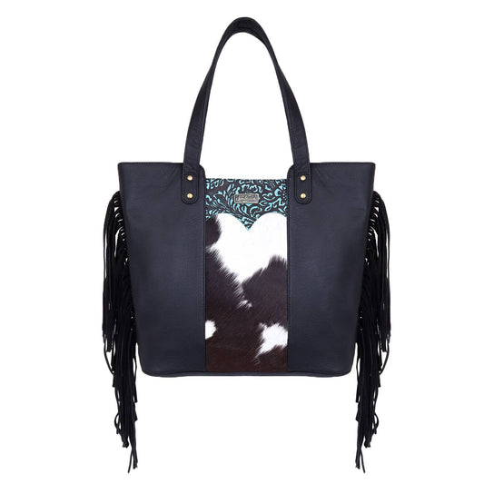 Leather Cowhide Fringed Women Tote - Black Turqoise Floral