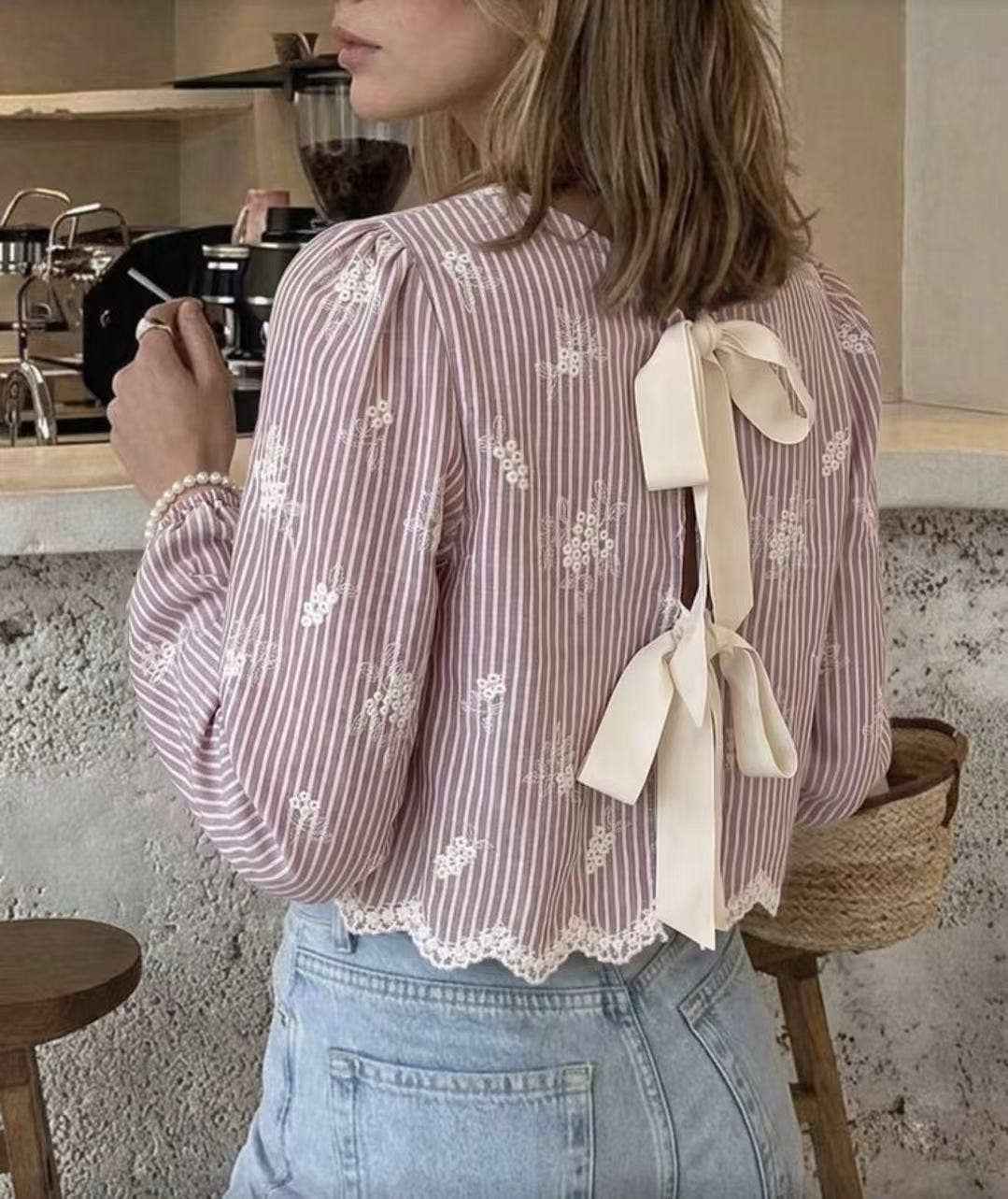 Rosa Clothing - Back Tie Floral Embroidered Wave Edge Blouse In Stripe