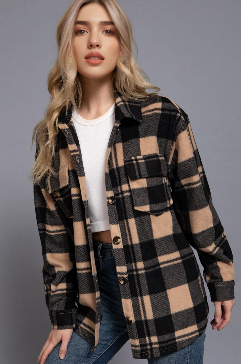 Check Printed Fleece Shacket