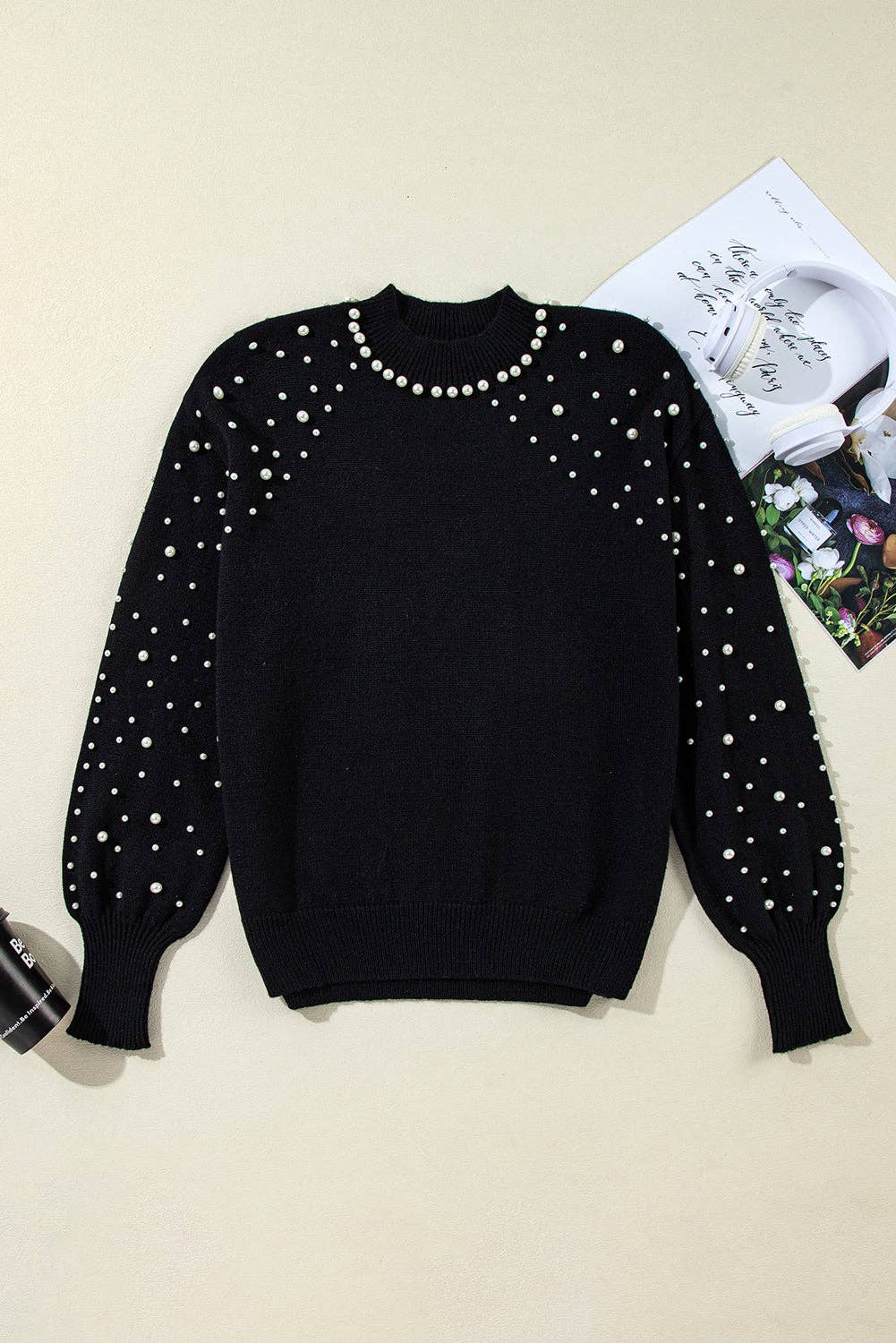 Pearl Beaded Bishop Sleeve Sweater