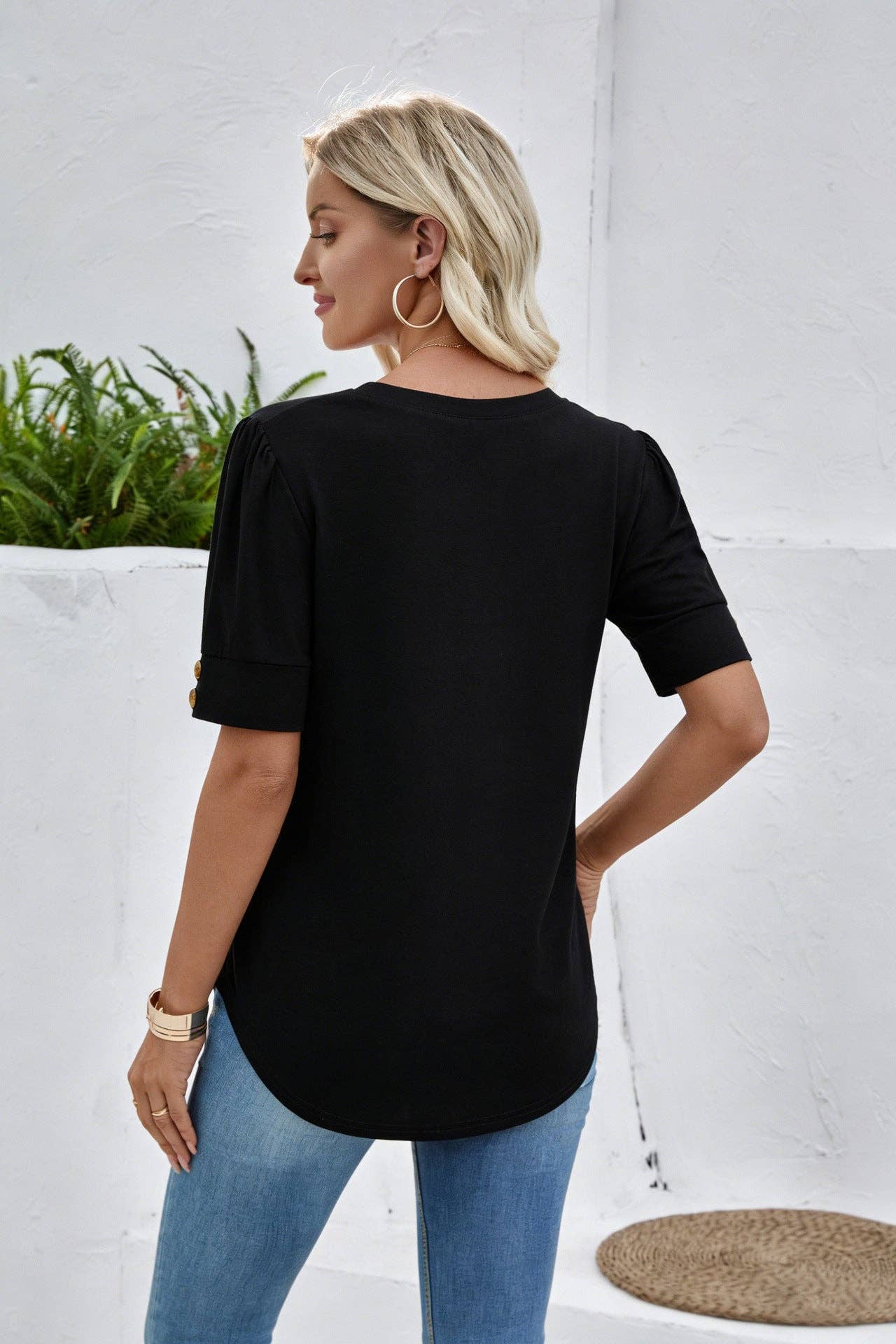 V Neck Puff Sleeve Button Detail Top