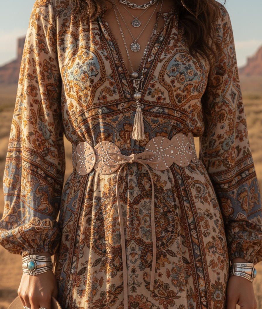 Studded Tie-On Western Disc Leather Belt