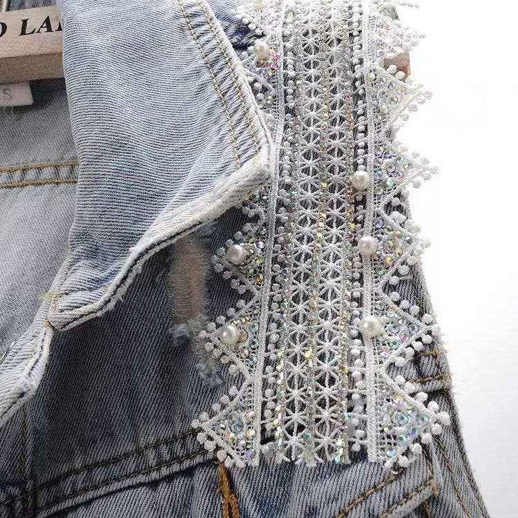 SALINA TRADING INC - Women Fashion Lace Beaded Denim Vest with POLO Collar