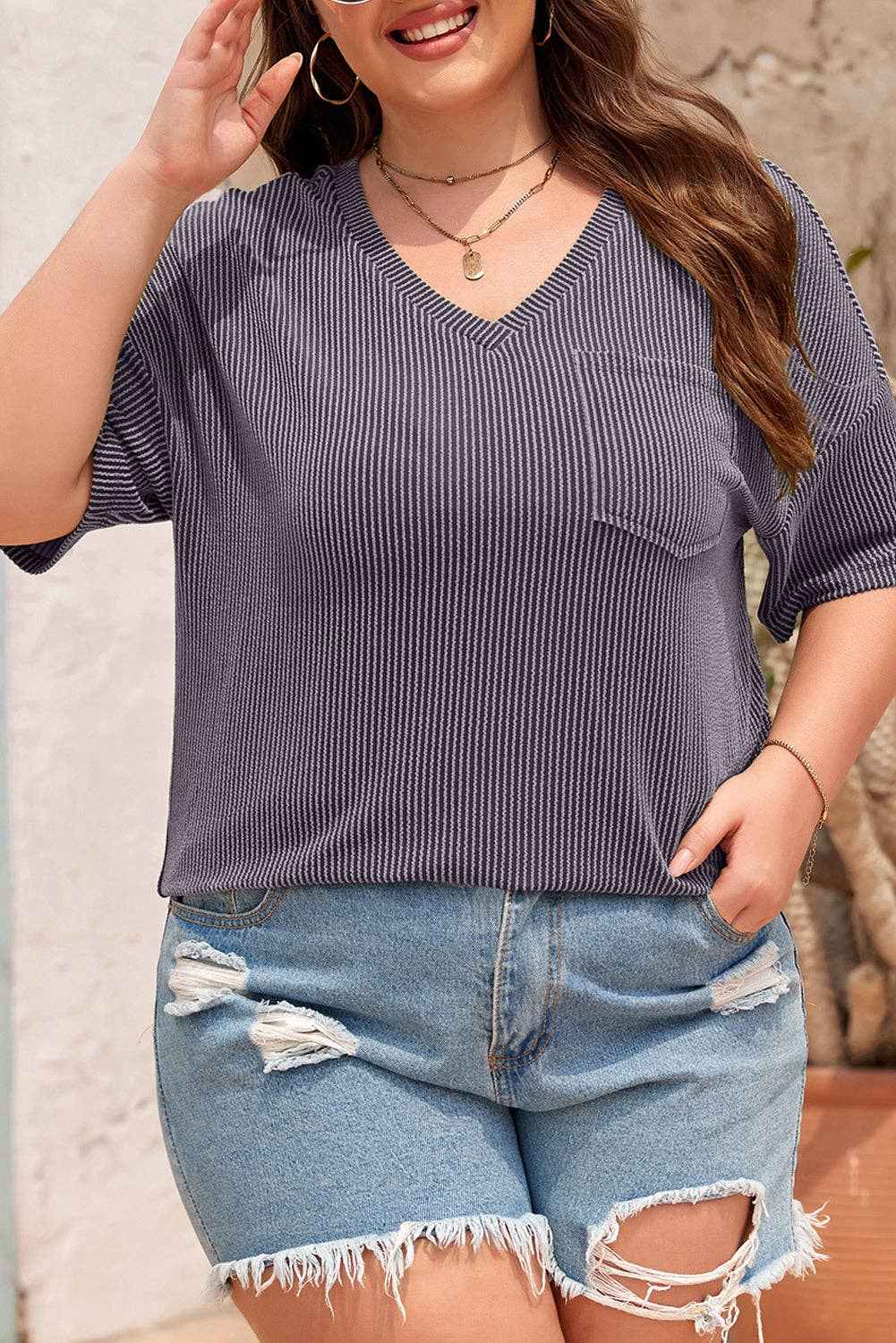 Textured V-Neck Plus T-Shirt