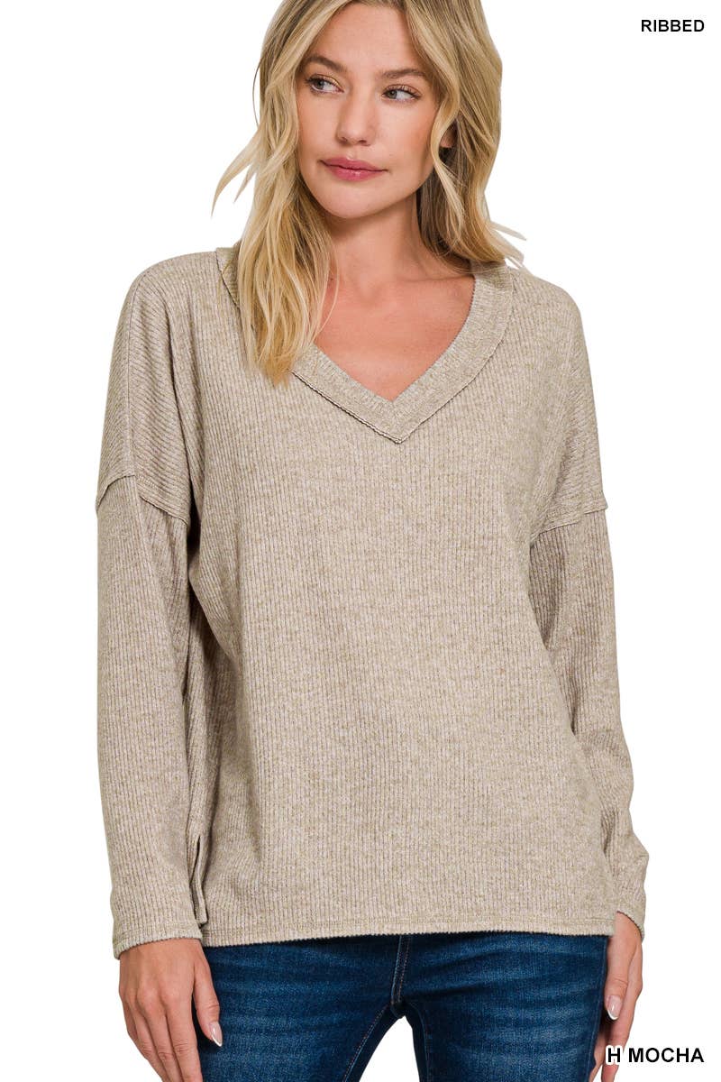 Ribbed V Neck Drop Shoulder Sweater - Threads Boutique
