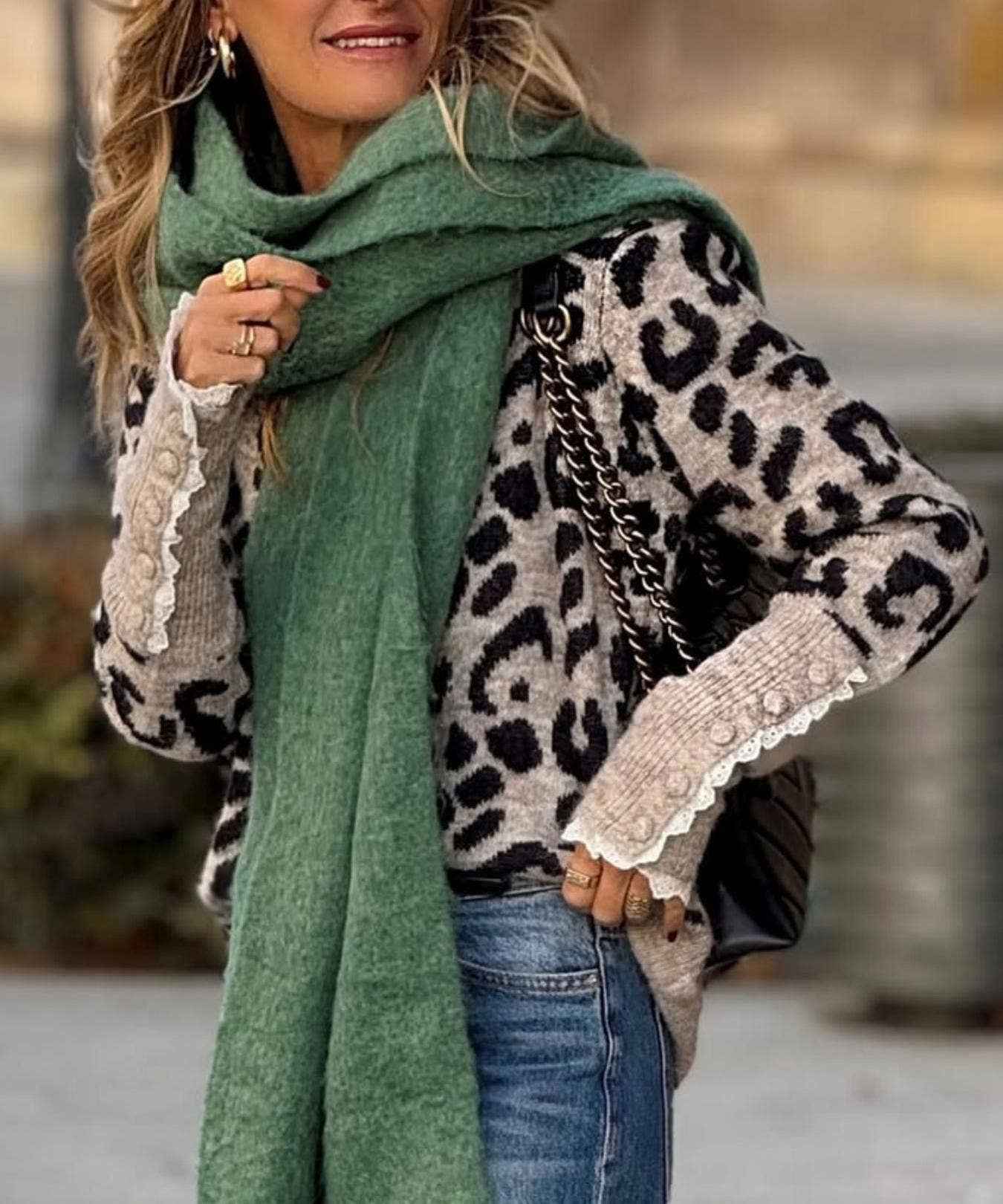 Anna Kaci Wholesale - Leopard Print Long Sleeve Knit Top with Lace Trim Details