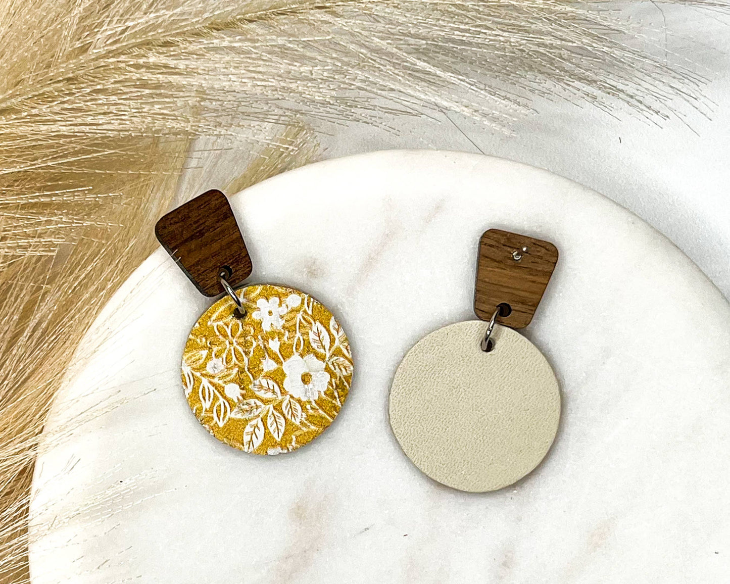 Yellow Floral Leather Circle Earrings