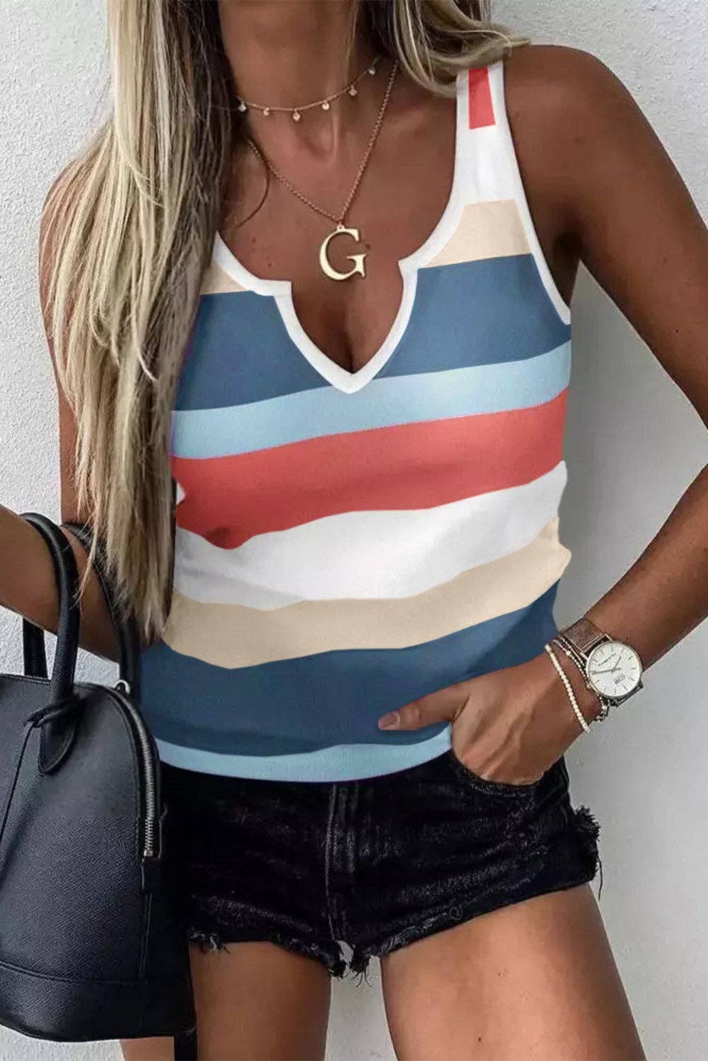 Notched Neck Striped Tank Top