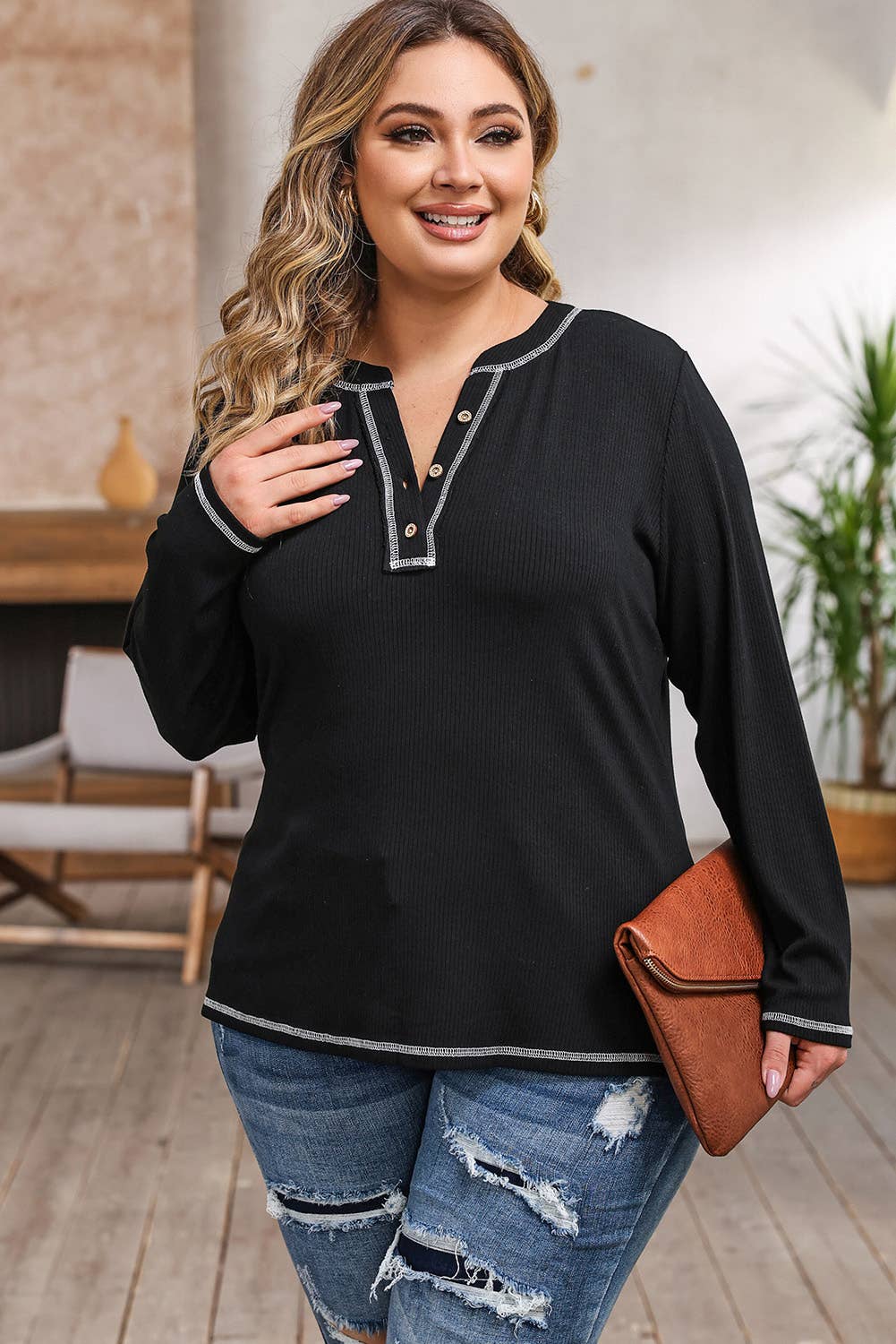 Casual V Neck Henley