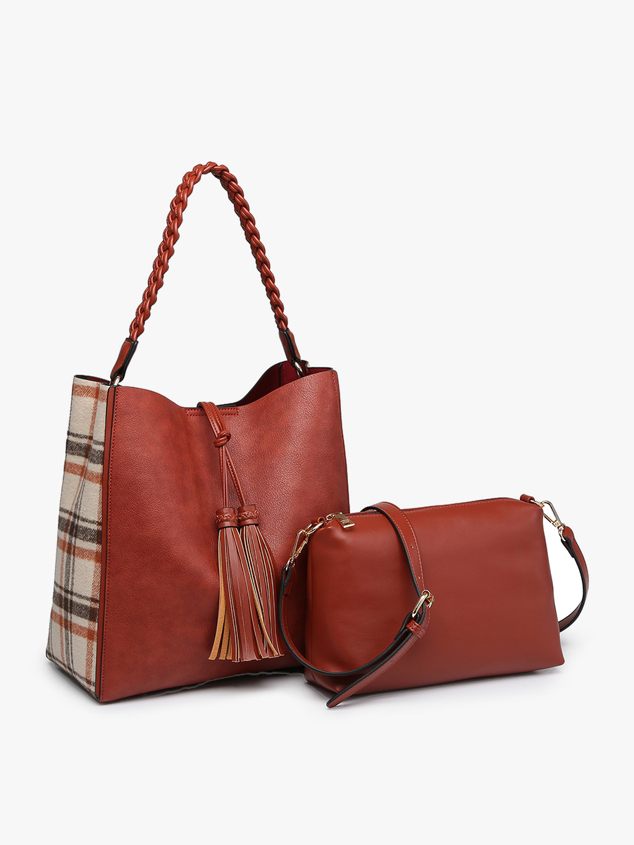 Dina Plaid Contrast Tote Set w/ Tassel