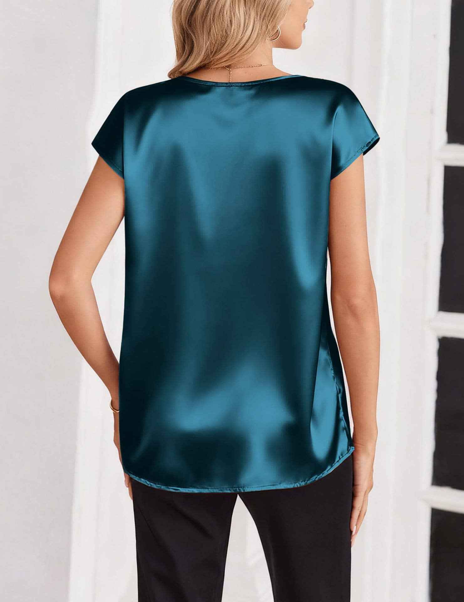 Anna Kaci Wholesale - V Neck Short Sleeve Satin Blouse with Relaxed Fit