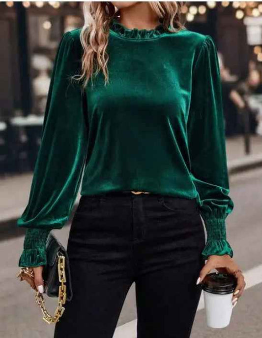 Velvet Top with Gathered Cuffs