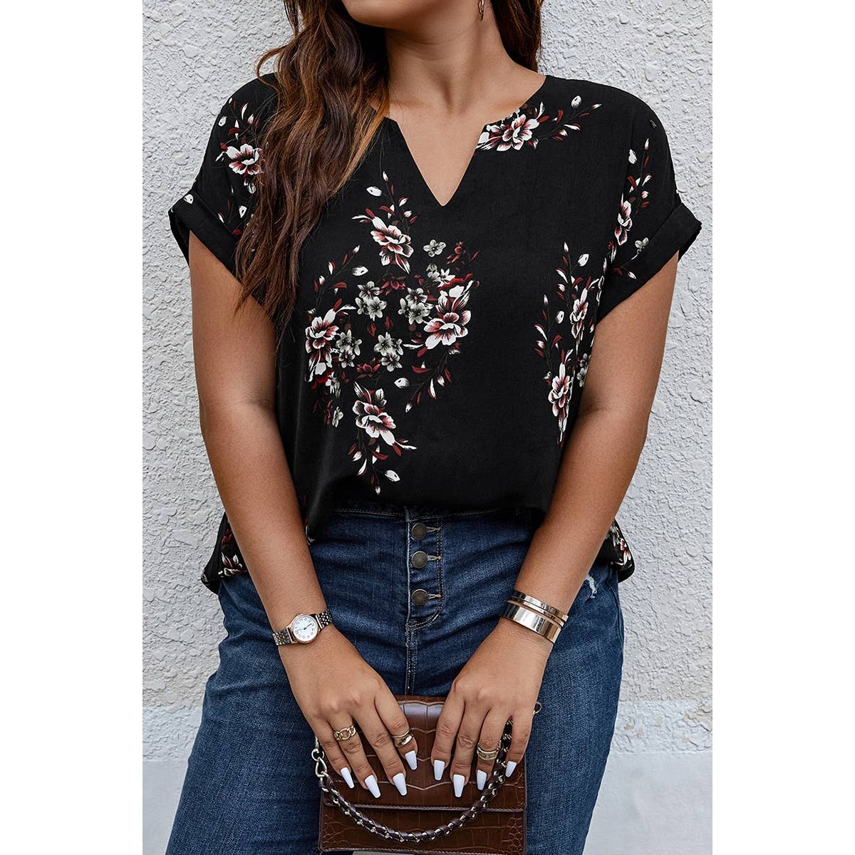 Plus Size Floral Print V Neck Loose Blouse