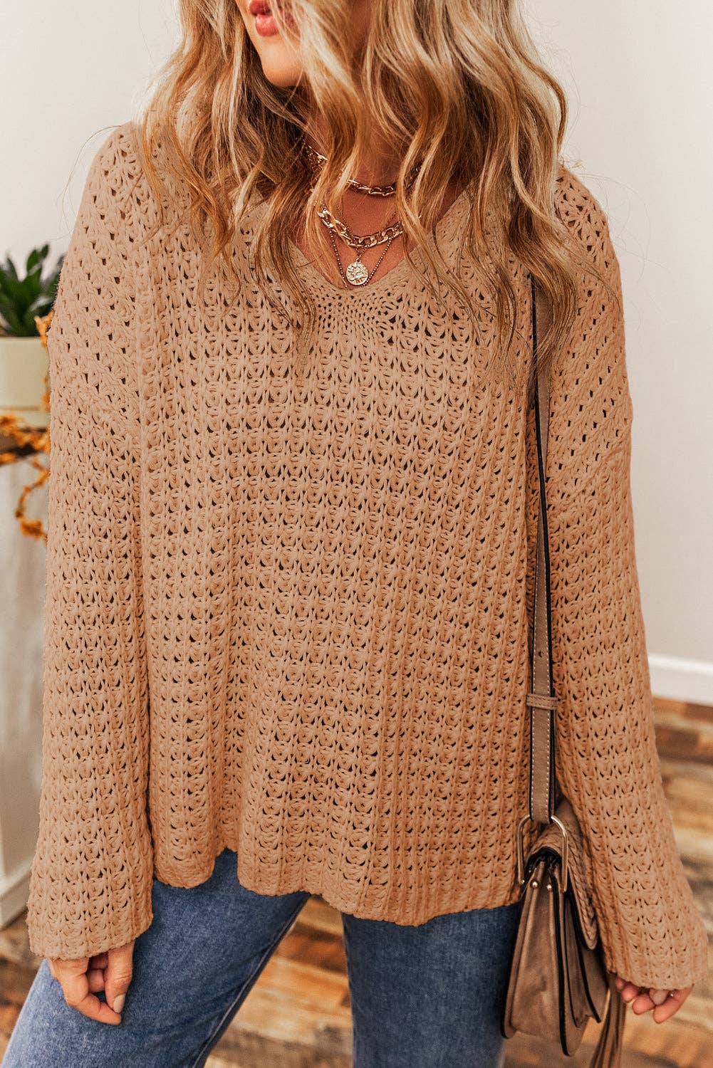 Hollowed Crochet V-Neck Sweater