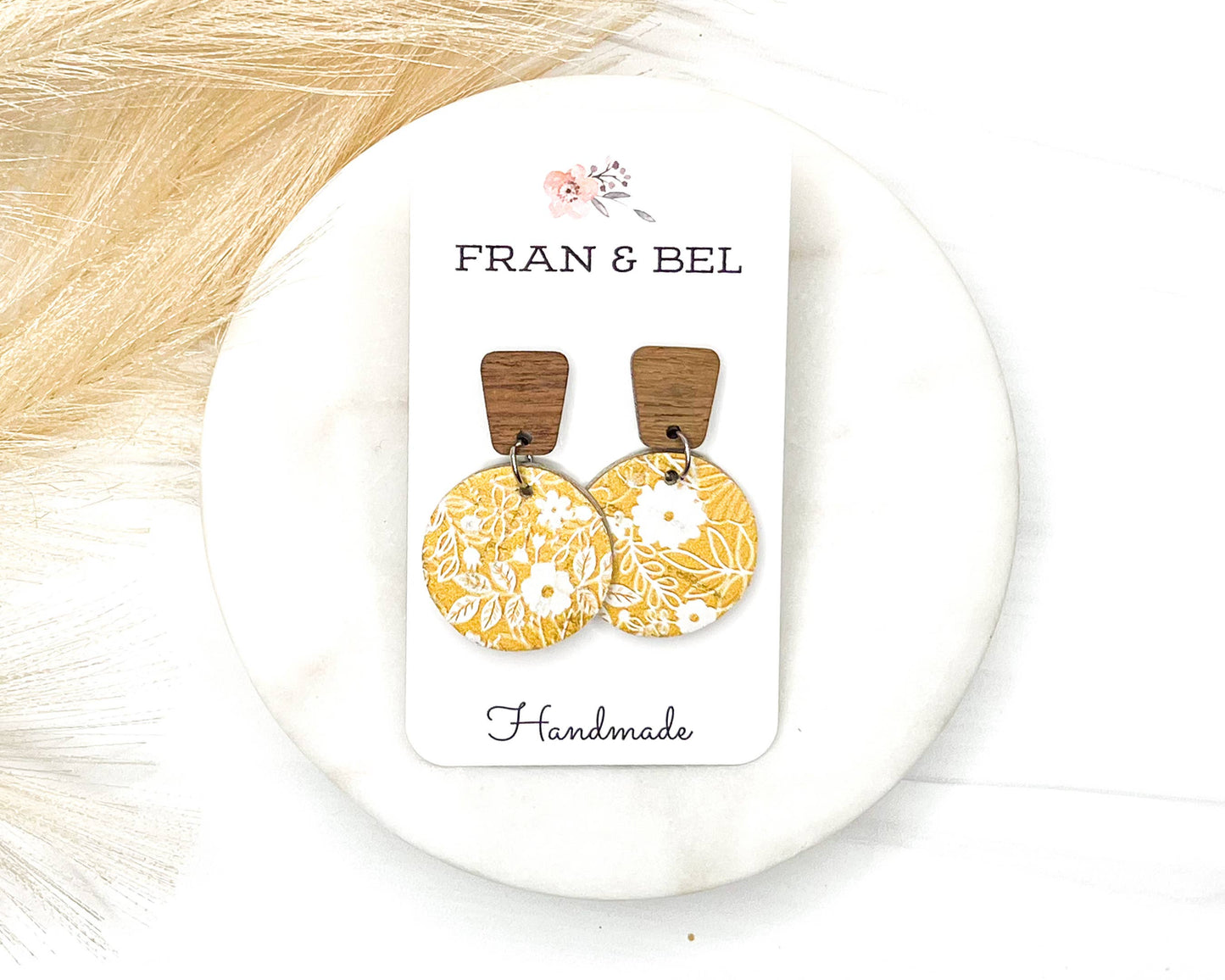 Yellow Floral Leather Circle Earrings