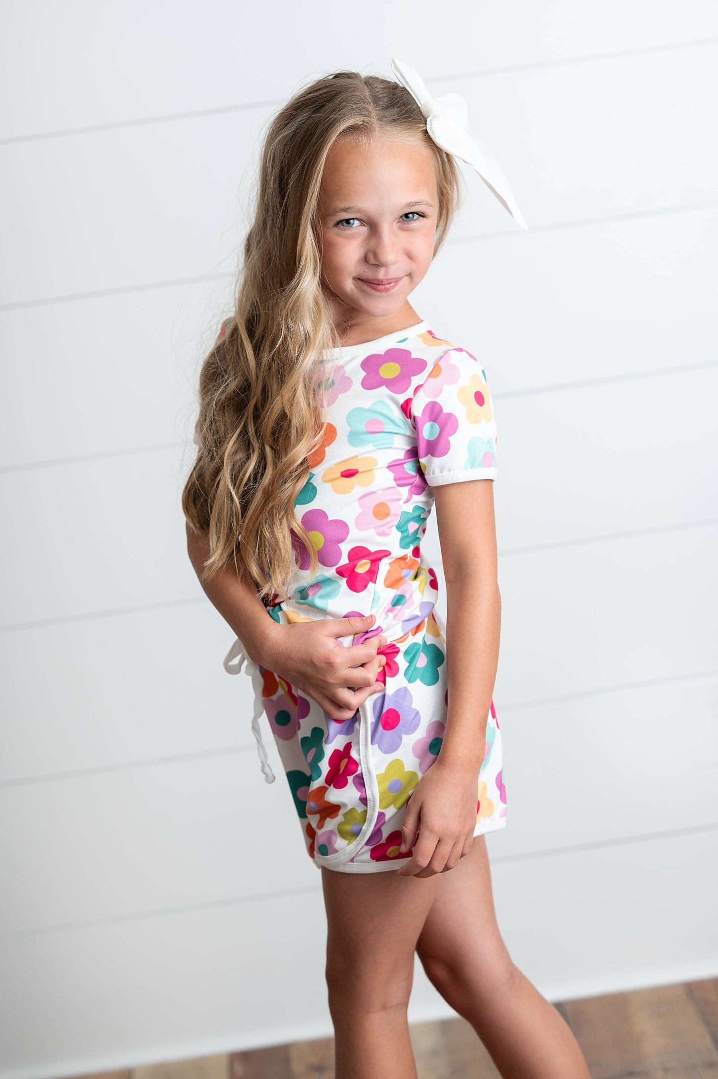 Girls Bright Pink Teal Flower Short Set