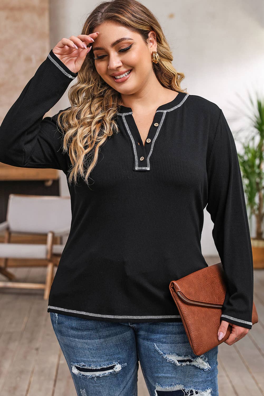 Casual V Neck Henley