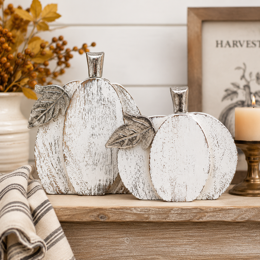 Whitewashed Wood Pumpkin Set | Rustic Fall Home Decor