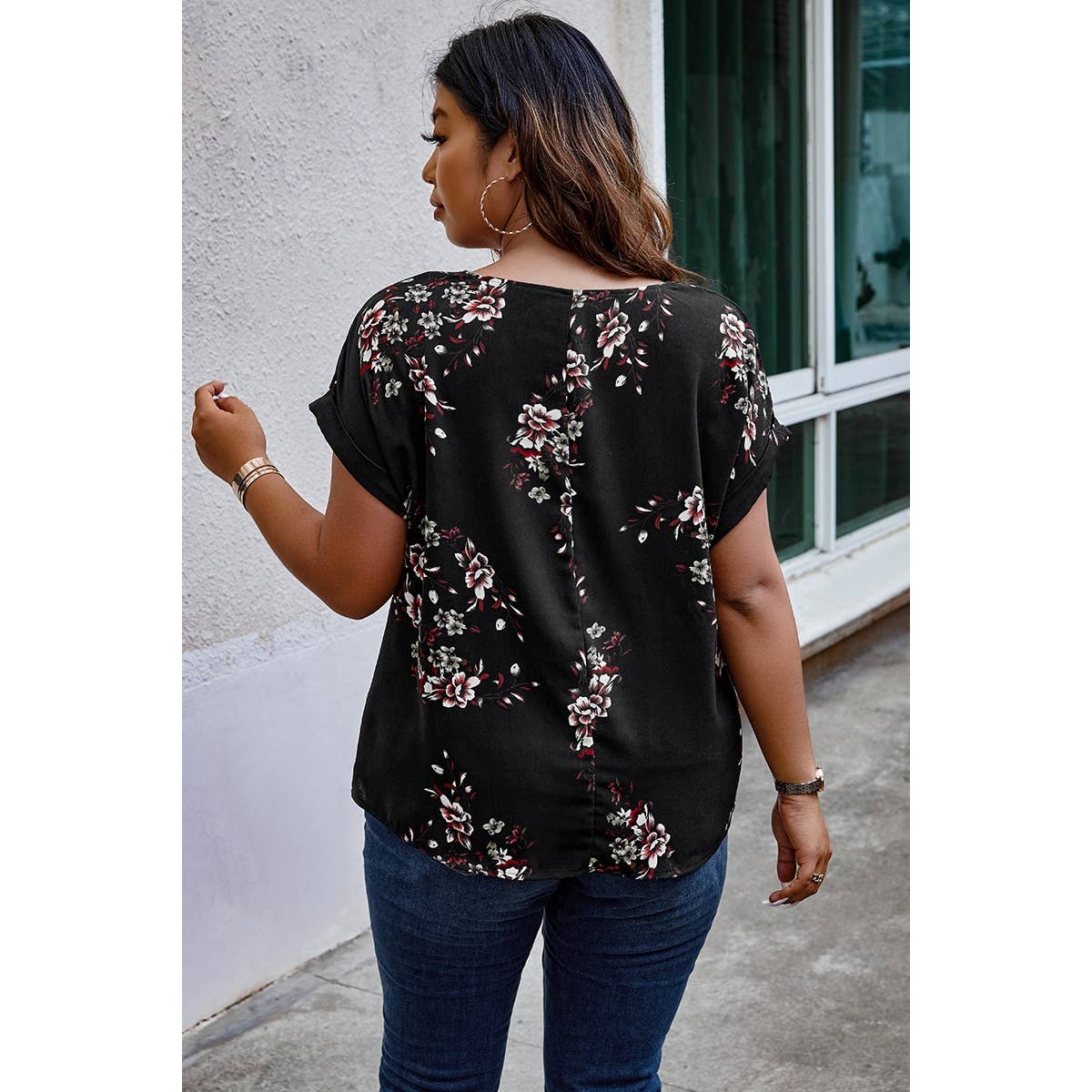 Plus Size Floral Print V Neck Loose Blouse