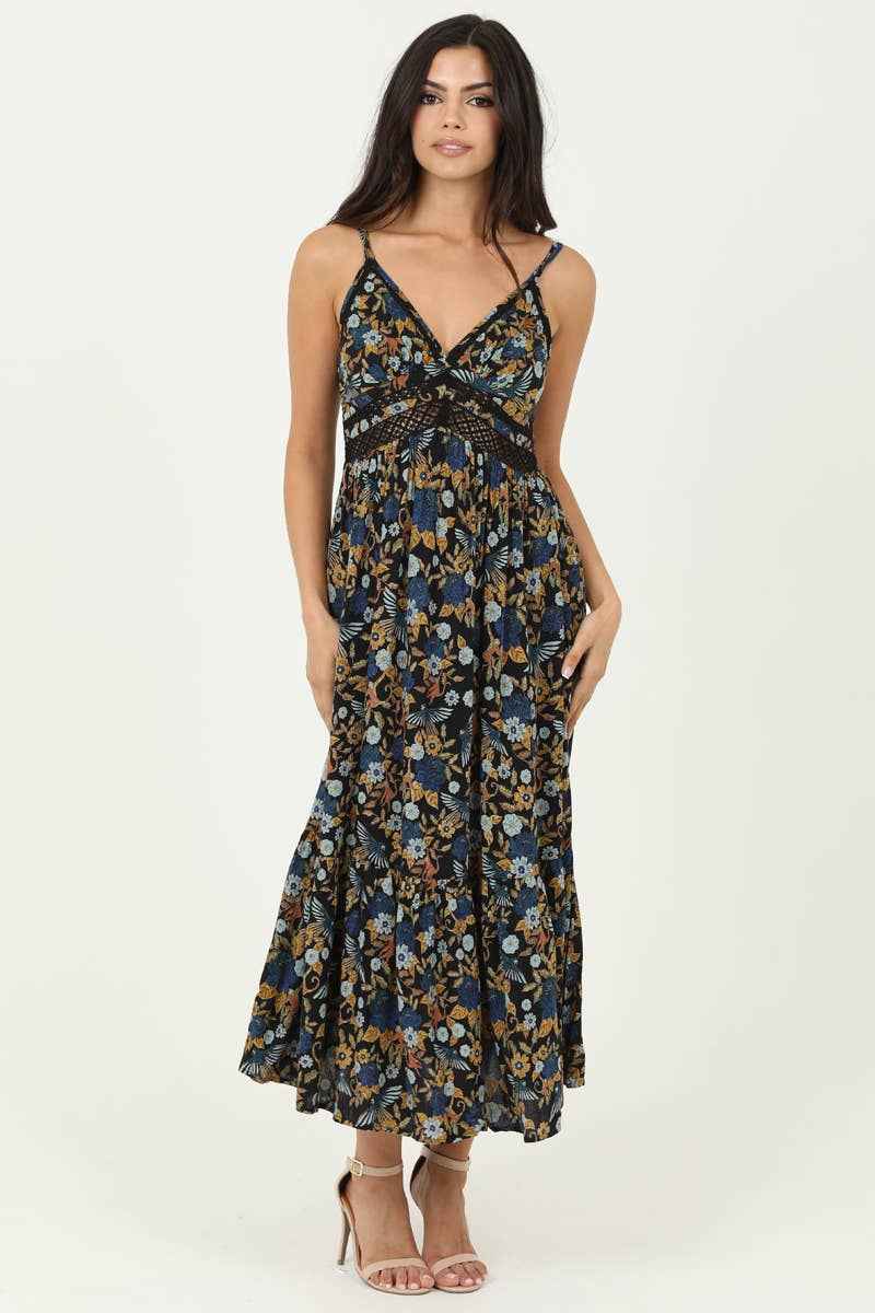 ANGIE - C4A54-A882 V NECK LACE TRIM MAXI DRESS