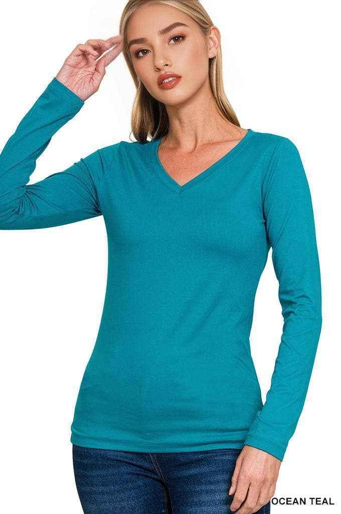 Brushed Microfiber Long Sleeve V Neck