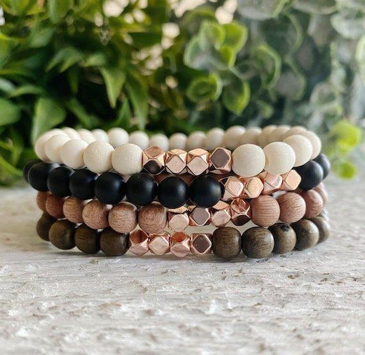 Minimalist Wood + Rose Gold beaded Bracelet