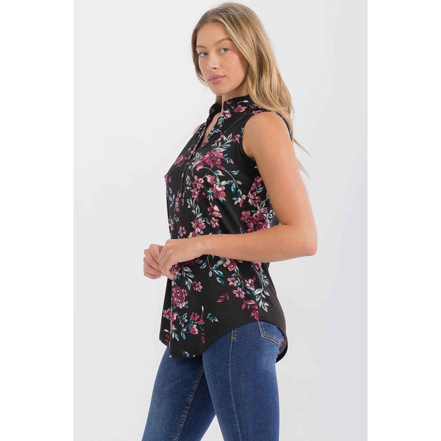 Perseption - FLORAL MANDARIN COLLAR V NECK SLEEVELESS SHIRT
