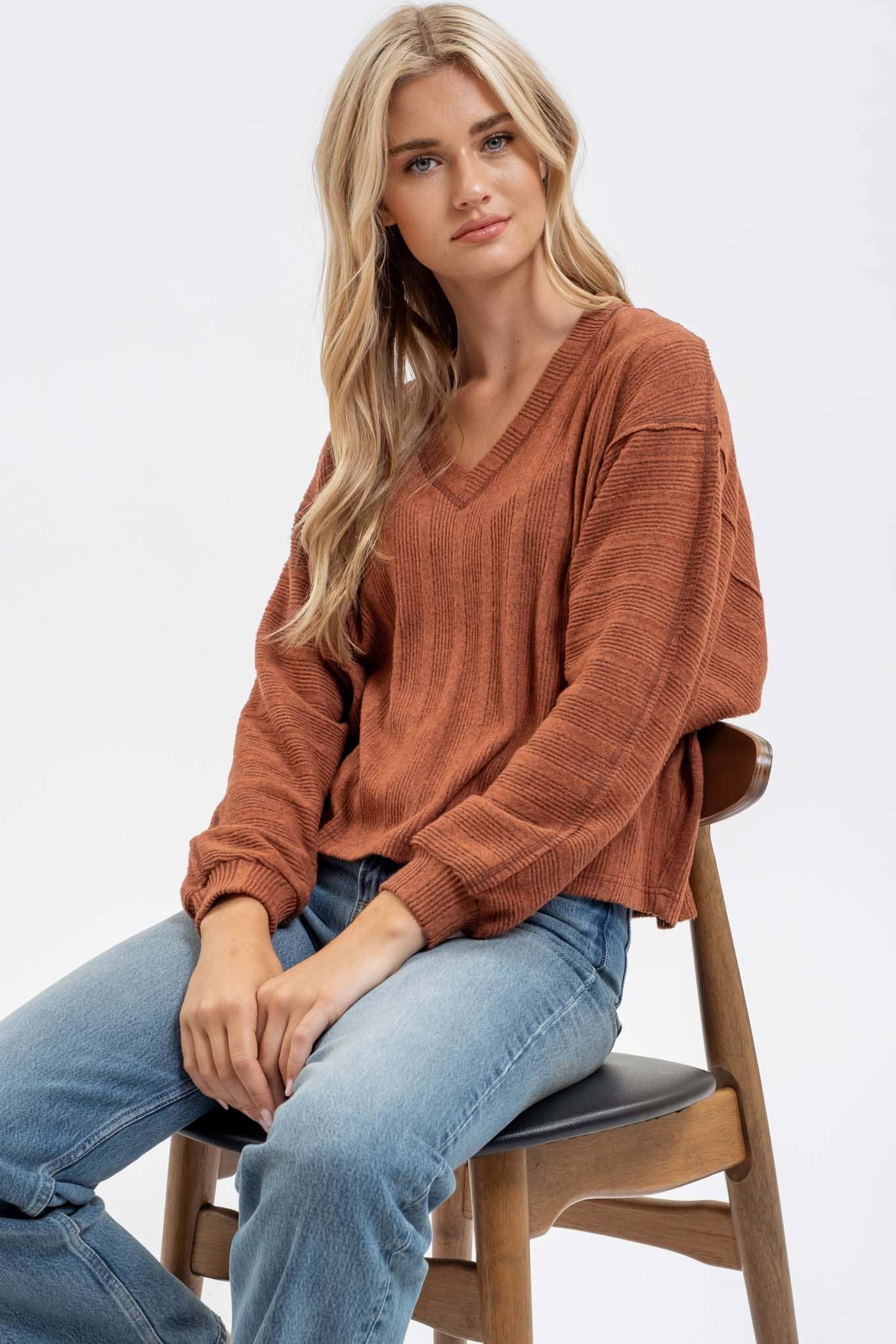 V Neck Ribbed Knit Top