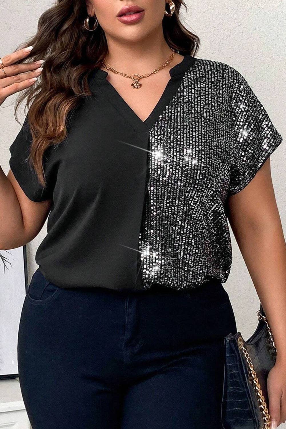 Sequin Patchwork V-Neck Plus Size