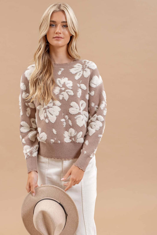 Floral Distress Crewneck Terry Sweater