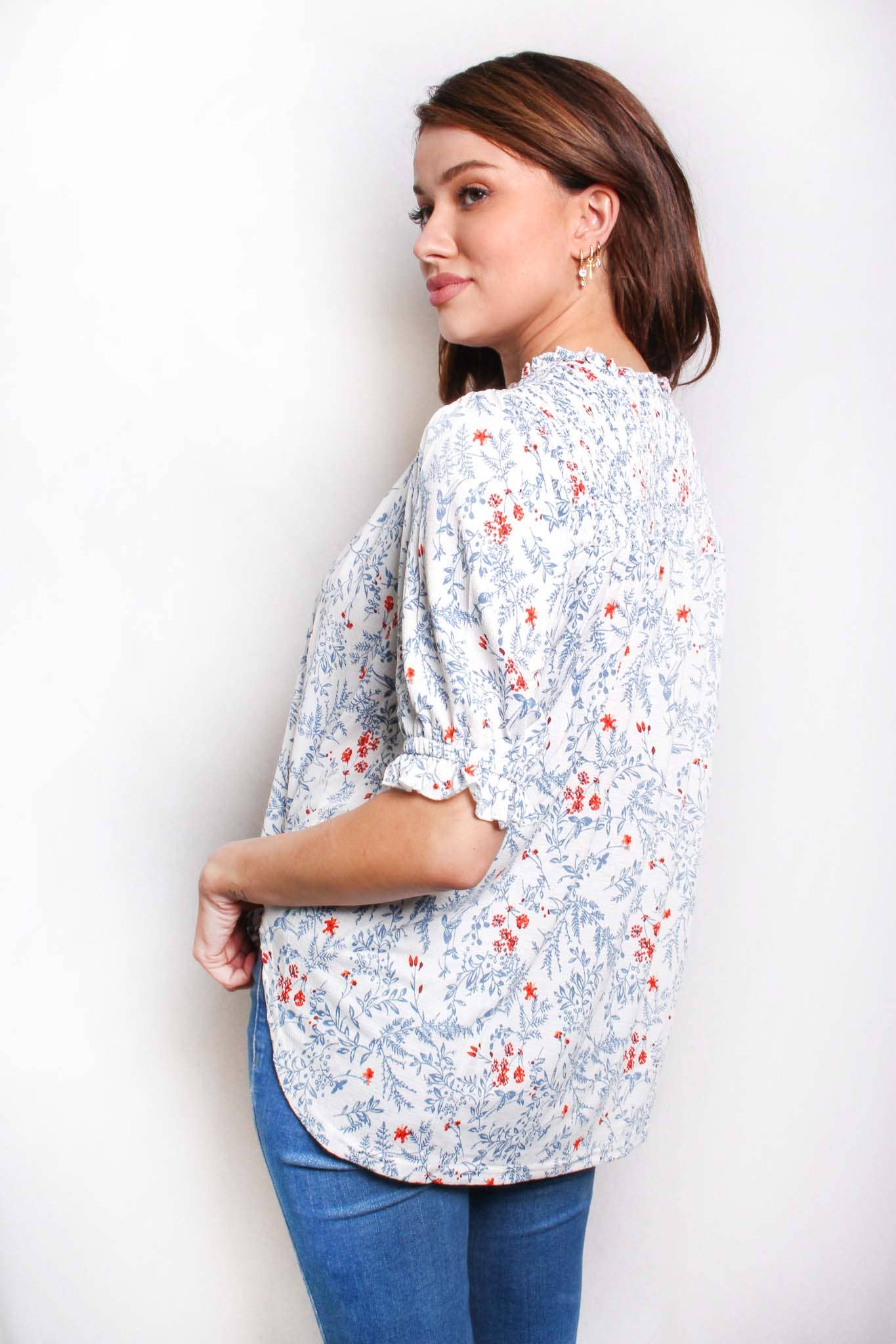 Ruffled Floral Smocked Blouse