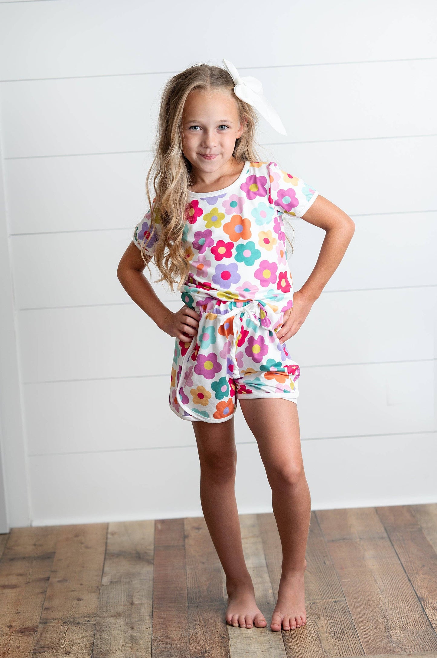 Girls Bright Pink Teal Flower Short Set