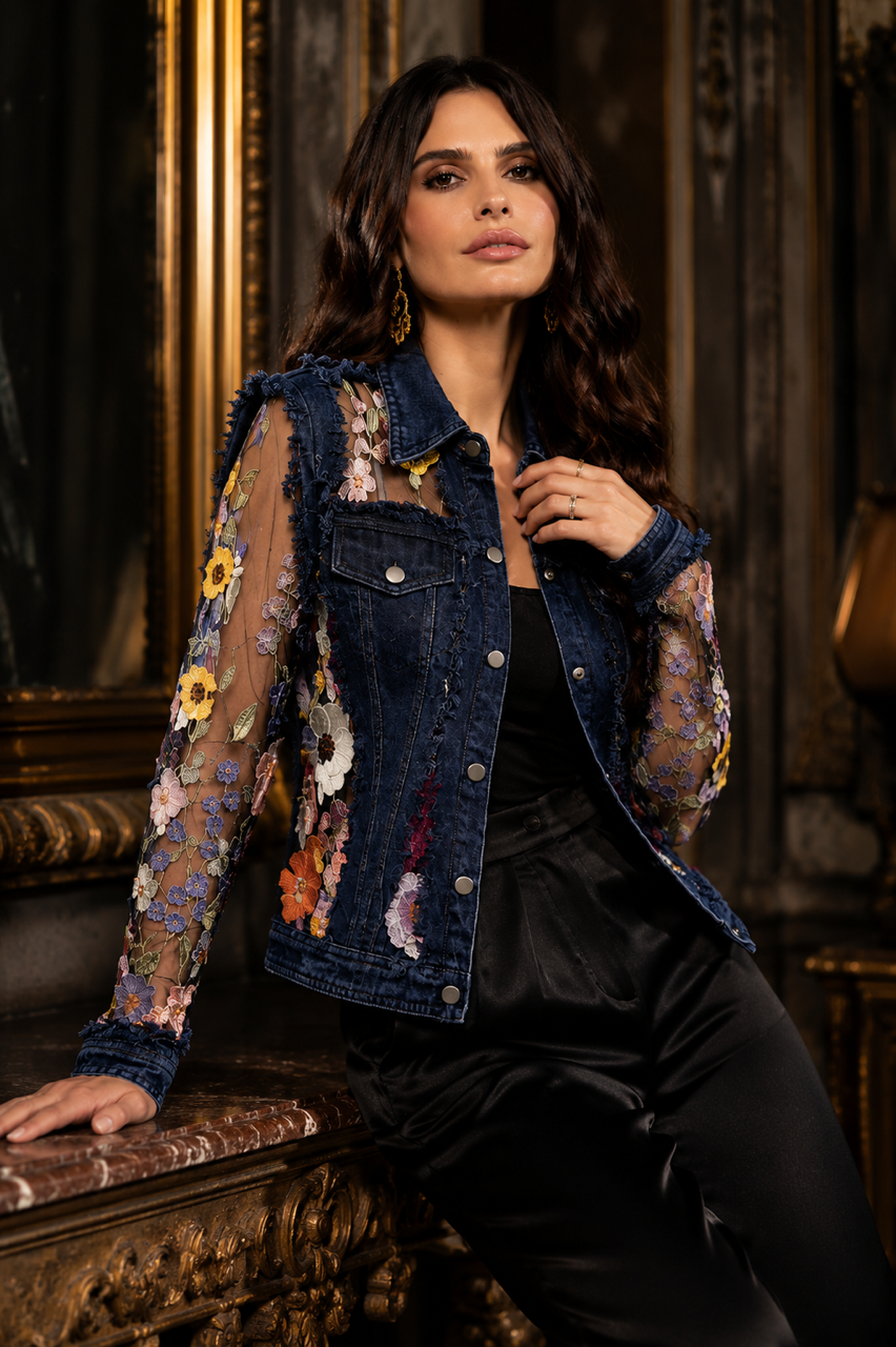 Denim Lace Jacket with Floral Embroidery