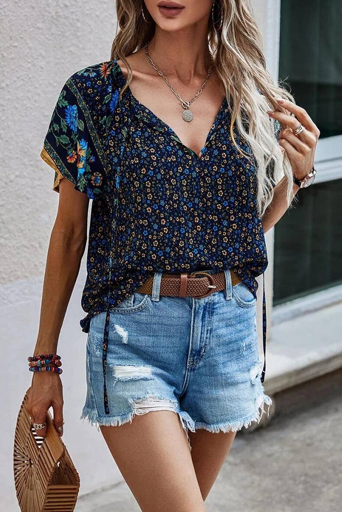 Floral Print V Neck Short Flare Sleeves Shirt