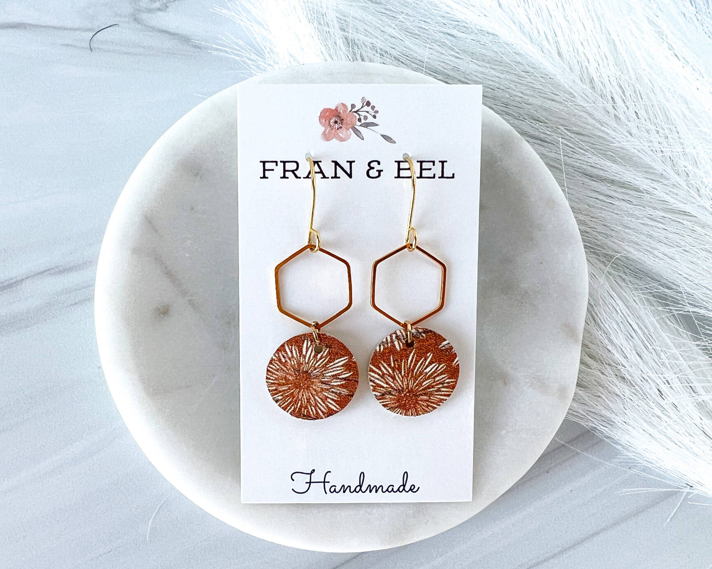 Rust and Cream Floral Dangle Earrings