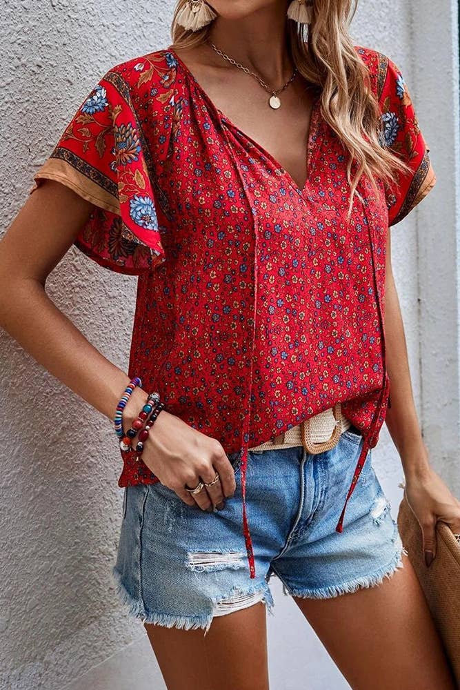 Floral Print V Neck Short Flare Sleeves Shirt