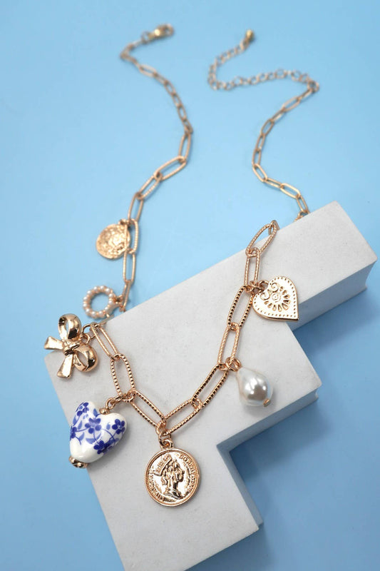 Bow Heart Charm Necklace