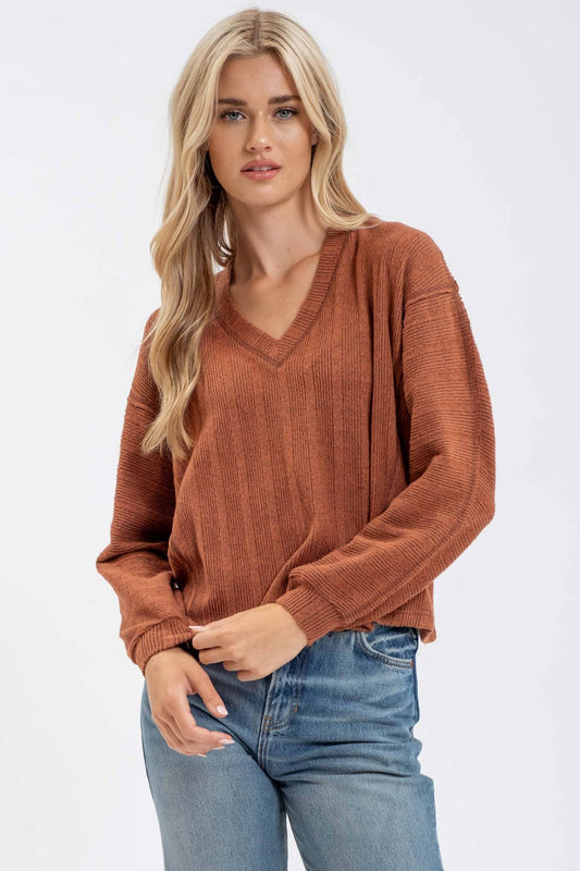 V Neck Ribbed Knit Top