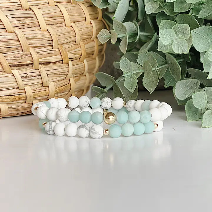 Amazonite + Howlite Gold Gemstone Beaded Bracelet Set