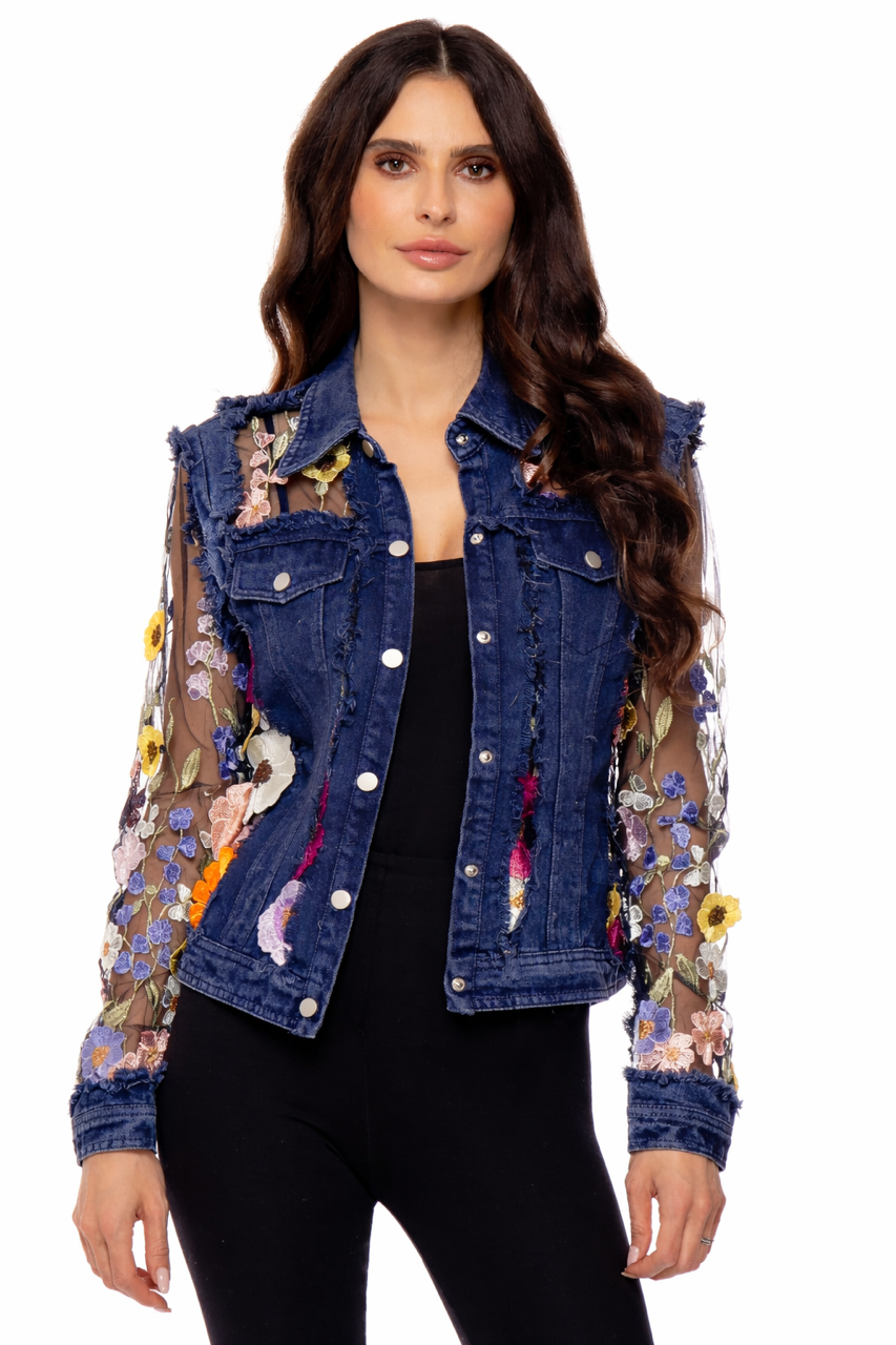 Denim Lace Jacket with Floral Embroidery